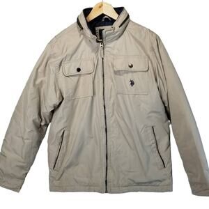 US Polo Jacket Mens Medium Zip Front Lightweight Tan Beige Hood